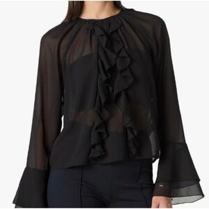 The Drop Women Black Sheer Ruffle Front Chiffon Blouse Tiered Bell Sleeve M NEW